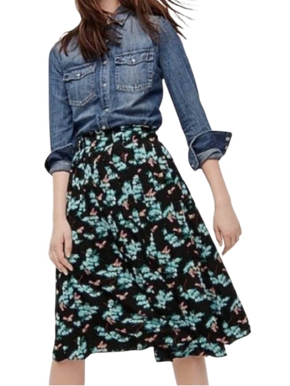 J. Crew Black Midi Skirt. Pleated. Size 10. Floral accents with bees. Lined